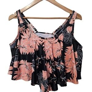 Floral Swimsuit Pink Black Swimsuit Top Size Large Bikini Adjustable Straps
